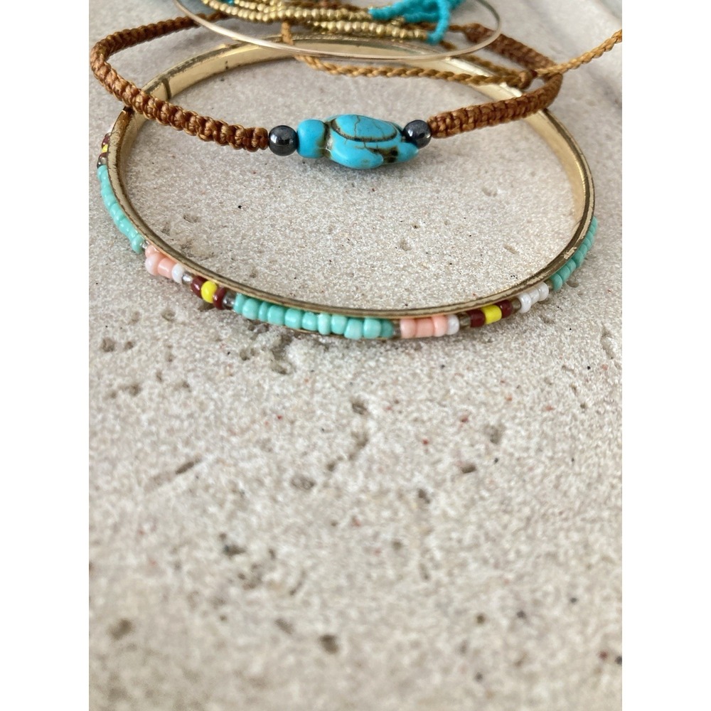 Mixed Bohemian Bracelets Set Of 5 Teal Blue Beaded Bangle Cord Stacking Layering - Picture 7 of 7